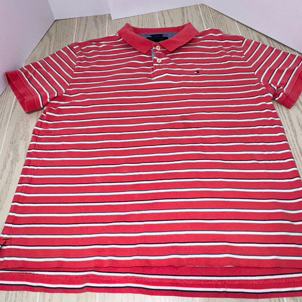 Tommy Hilfiger Polo Shirt Mens XL Regular Pink Striped Short Sleeve Cotton